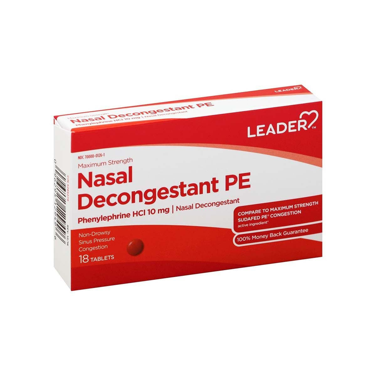 Leader Nasal Decongestant PE Phenylephrine HCL 10mg Nasal Decongestant Tablets, 18 Ea